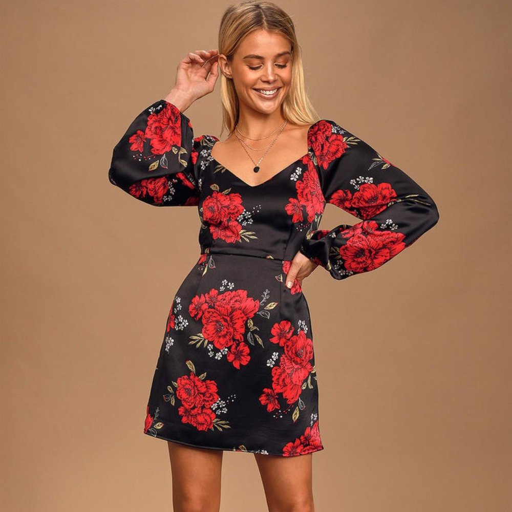 LULUS Floral Invitation Black Floral Print Long Sleeve Mini Dress